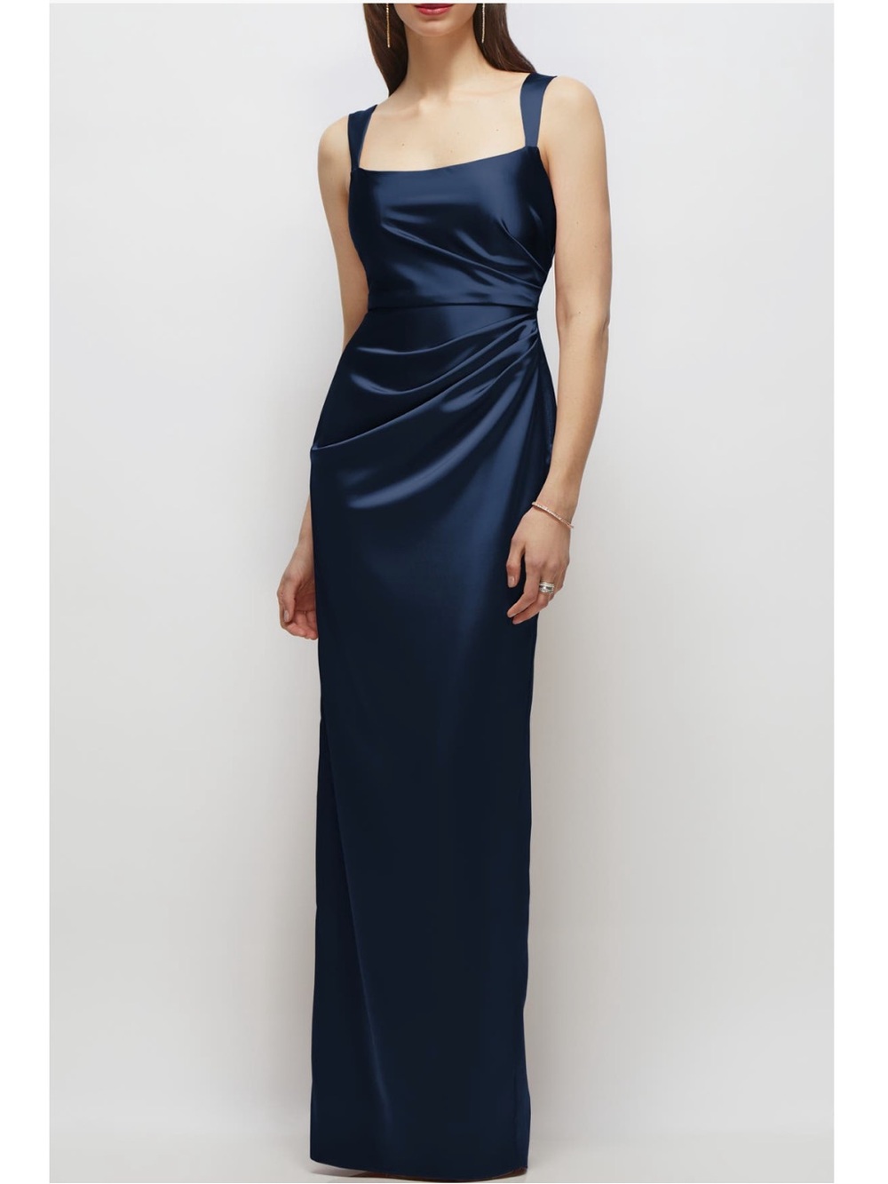 After Six Square Neck Satin Charmeuse Midnight Navy Column Gown Dress New!